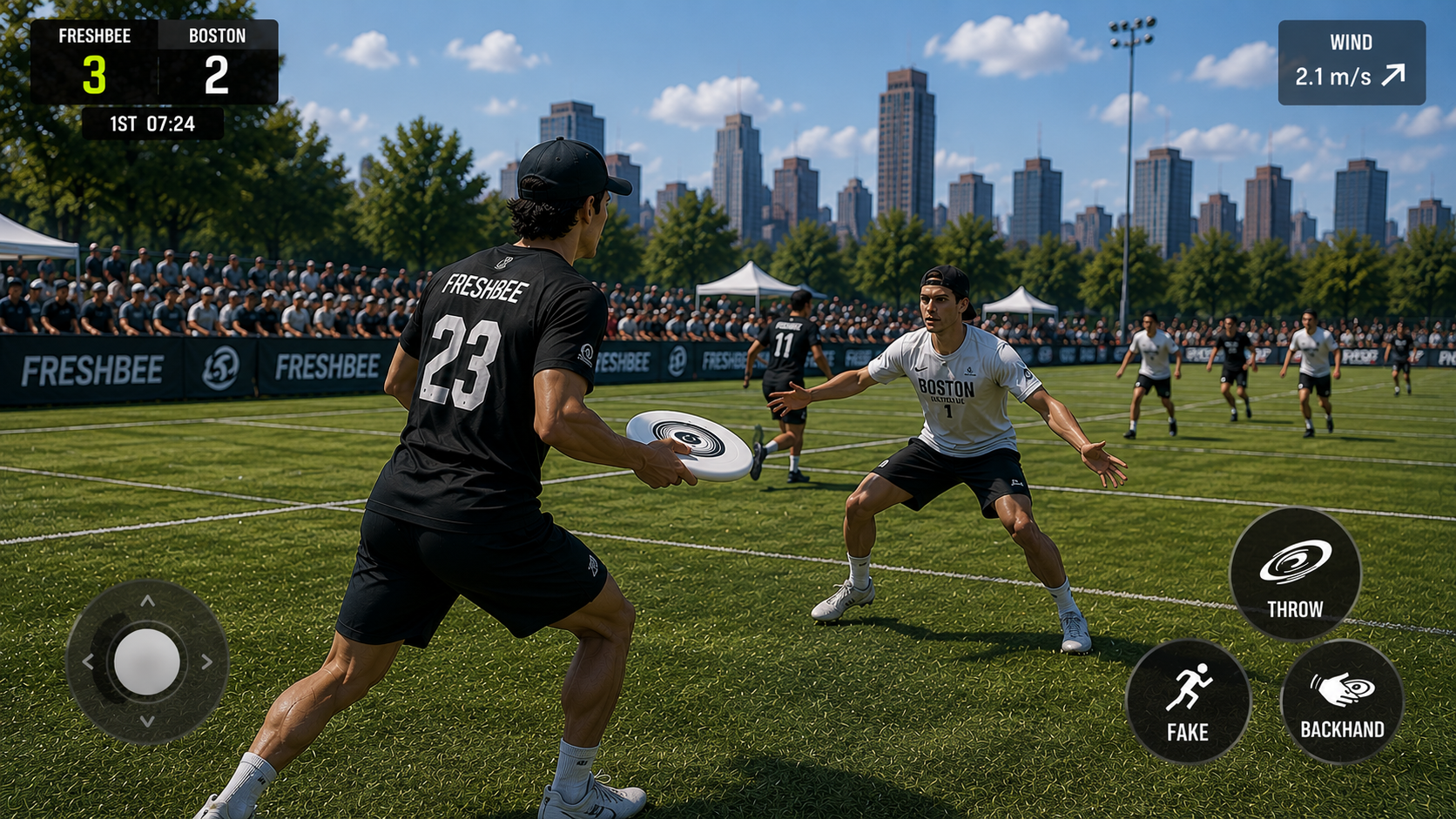 Gameplay concept: a backhand throw against a marking defender