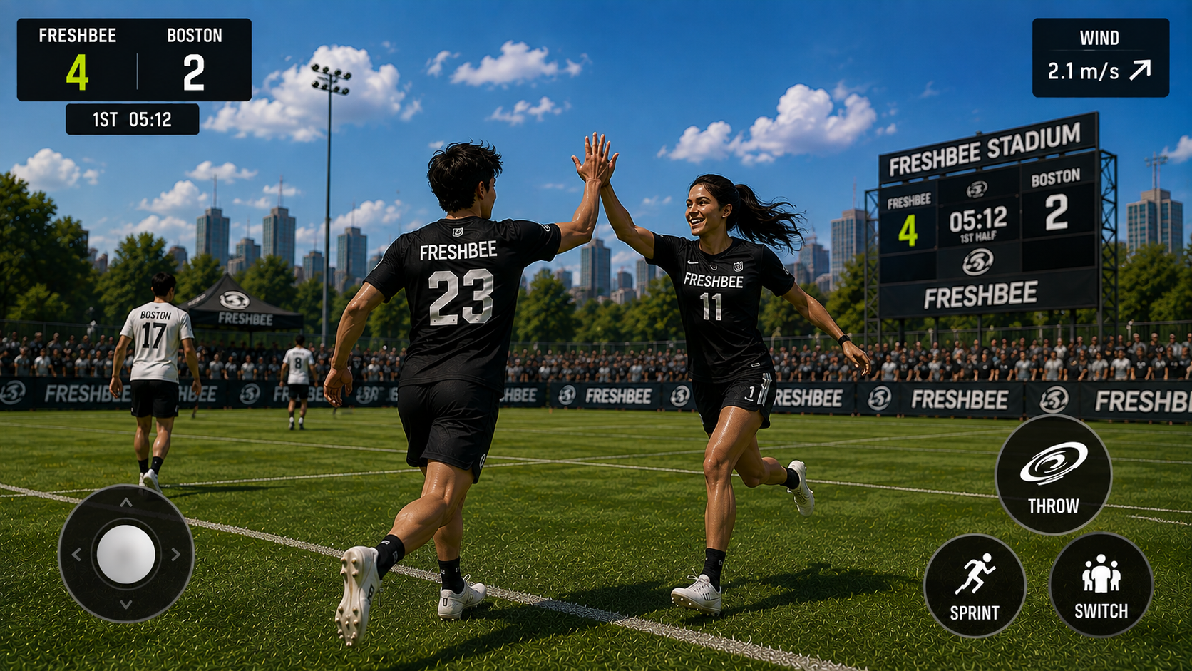 Gameplay concept: teammates celebrating a score at 4-2